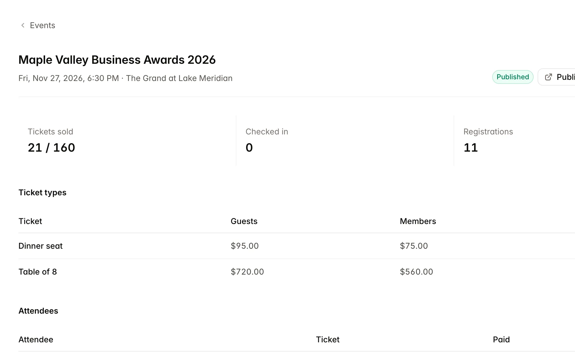 An awards dinner with ticket types, member prices and the attendee list.