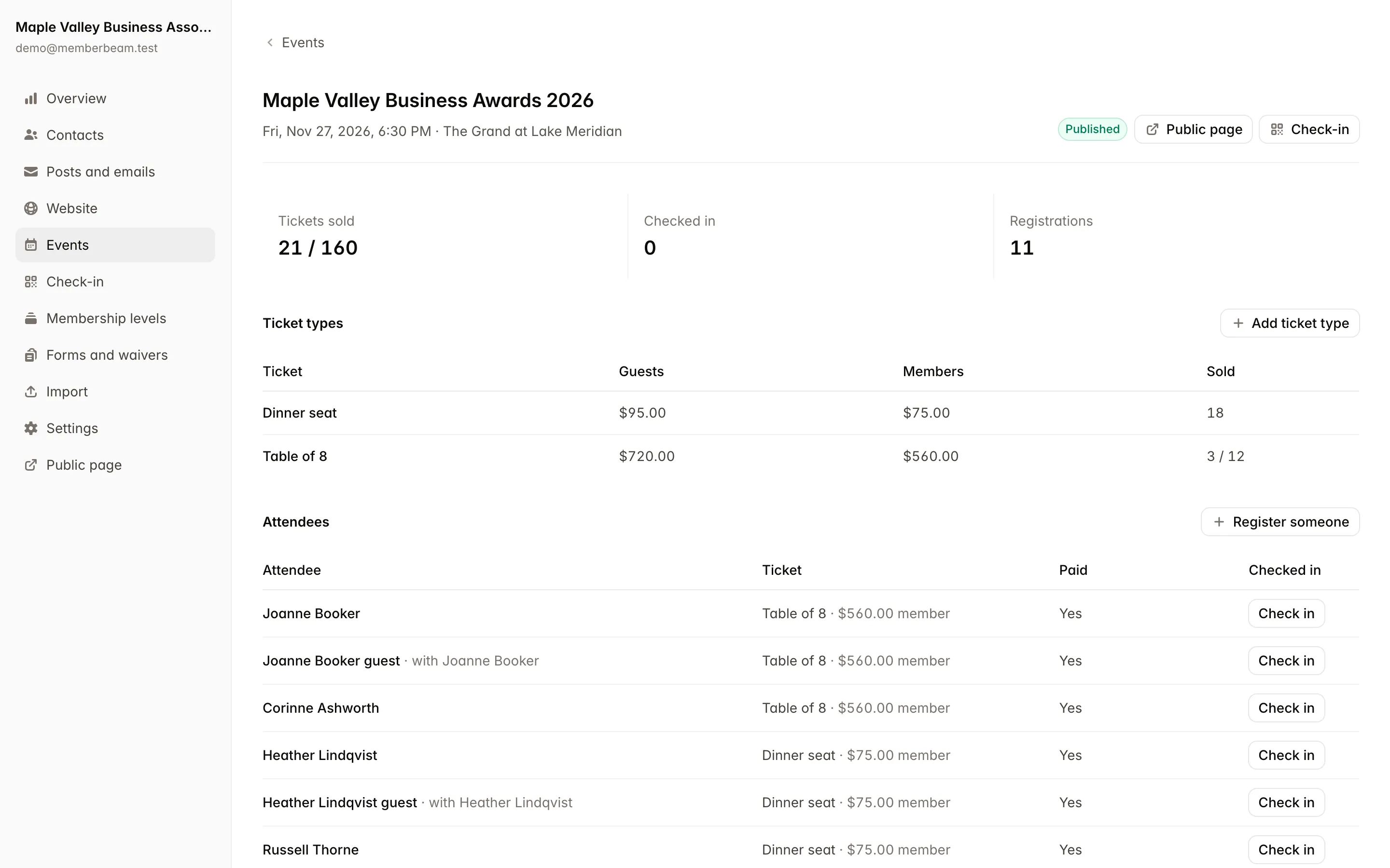 An awards dinner with ticket types, member prices and the attendee list.