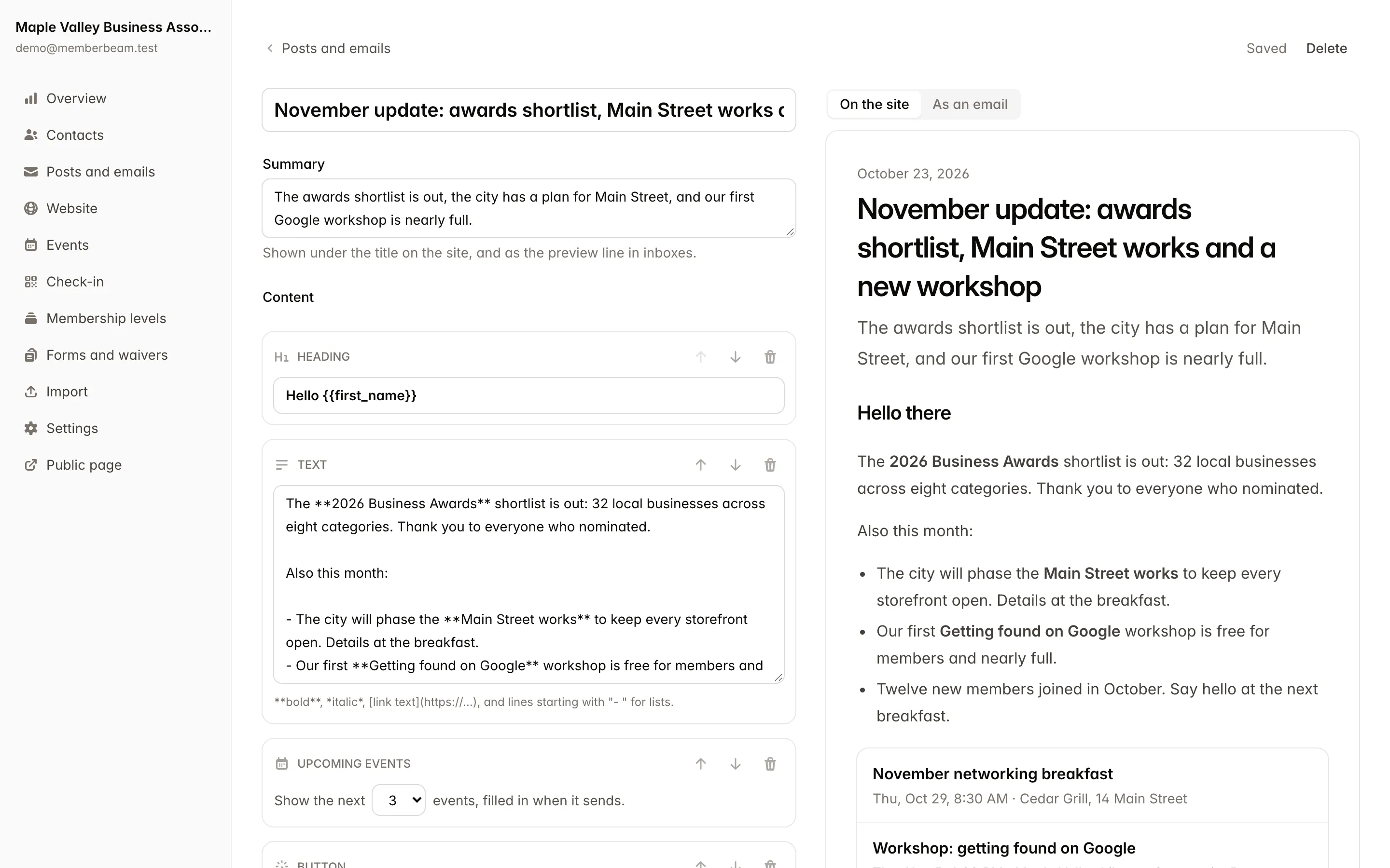 Editing a newsletter, with the website version previewed beside it.