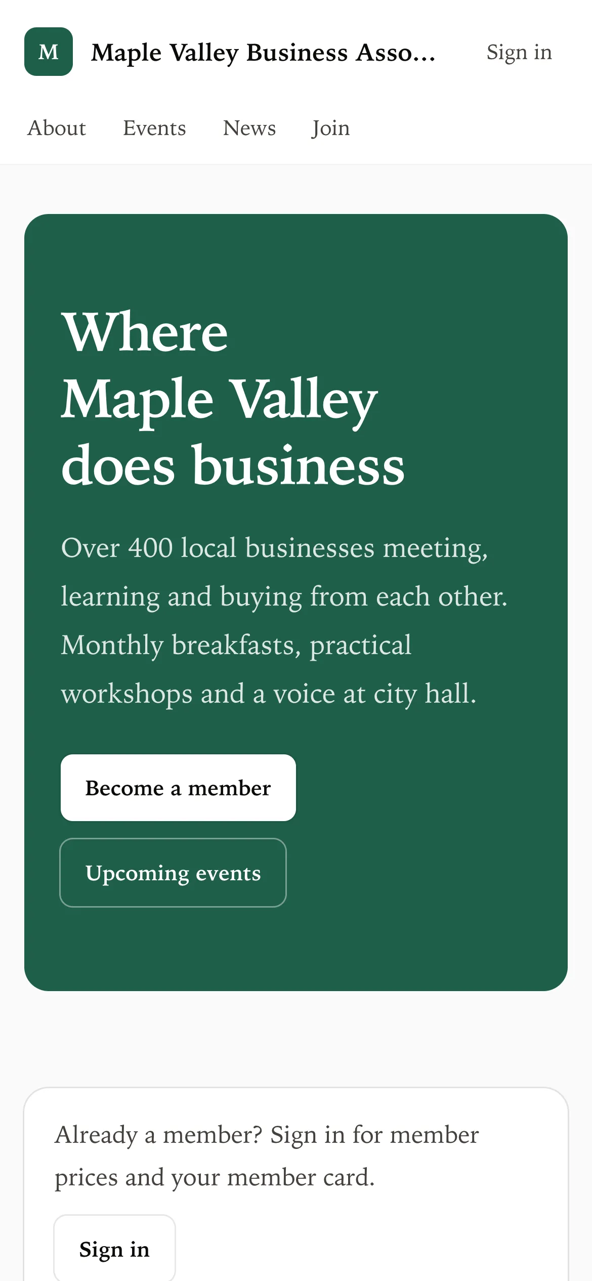 The association’s own member site on a phone, with joining and events built in.